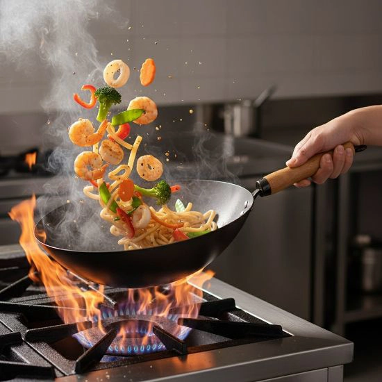 Wok din otel carbon la foc